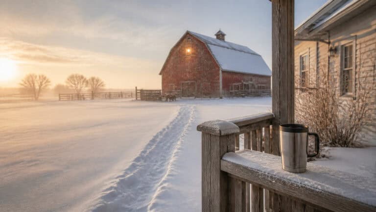 Boot prints in deep snow leading from a farmhouse to a barn on a Saskatchewan winter morning
