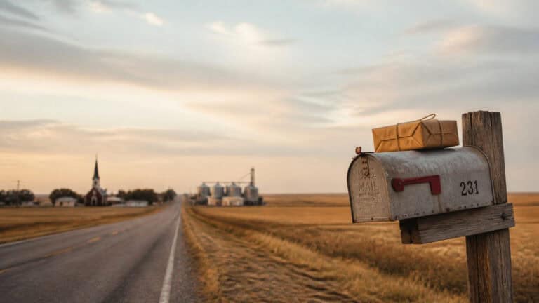 A rural mailbox with a parcel beside a prairie highway, with a small Saskatchewan village in the distance