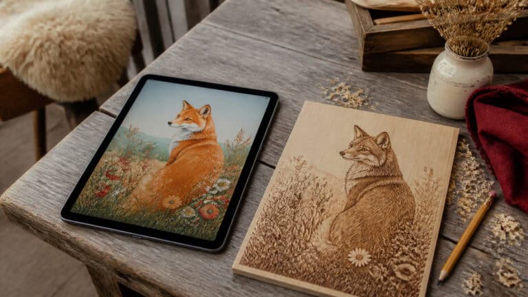 A colourful digital fox artwork on a tablet beside the same design laser-engraved on wood in shades of brown