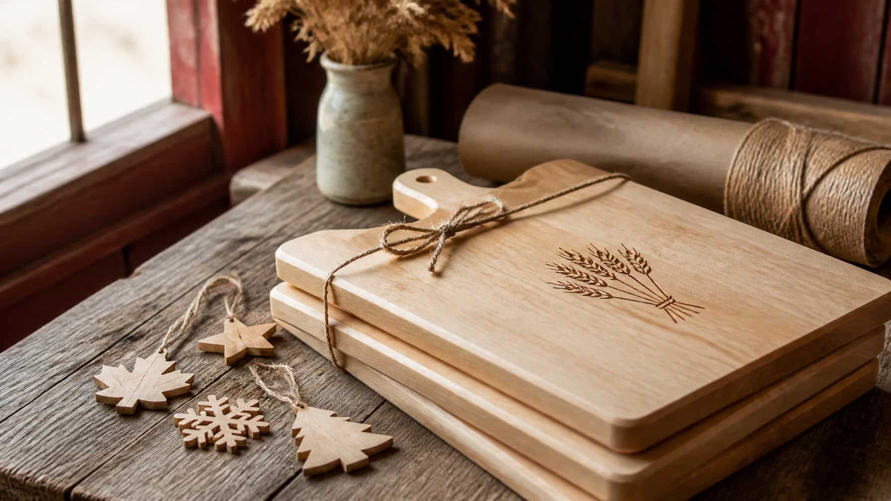 Engraved maple cutting boards with a wheat sheaf emblem, wrapped as corporate gifts on a rustic workbench