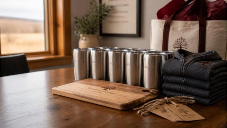 Corporate gifts in Saskatchewan: engraved tumblers, a maple cutting board, hoodies and a tote on a wooden desk
