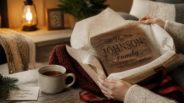 Hands unwrapping a personalized engraved wooden sign from tissue paper in a cozy living room