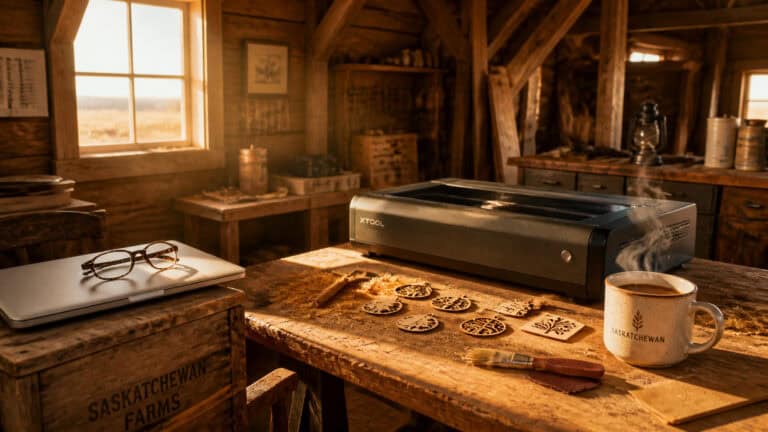 A cozy barn loft workshop with a closed laptop on a crate beside a laser engraver, wooden ornaments and a cup of coffee