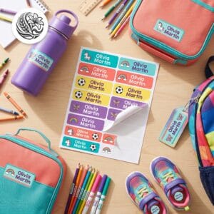 Full-colour personalized waterproof name labels on a water bottle, lunch kits, pencil crayons and shoes