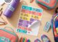 Full-colour personalized waterproof name labels on a water bottle, lunch kits, pencil crayons and shoes