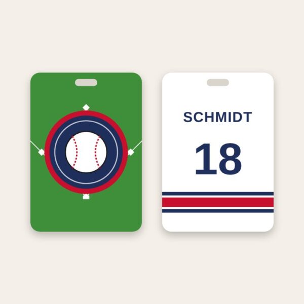 Baseball and softball bag tag Baseball and softball bag tag, team logo on a ball diamond and name and number on the back