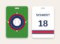 Baseball and softball bag tag, team logo on a ball diamond and name and number on the back