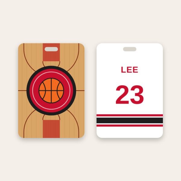 Basketball bag tag Basketball bag tag, team logo on a basketball court and name and number on the back