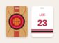 Basketball bag tag, team logo on a basketball court and name and number on the back