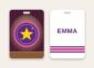 Dance bag tag, team logo on a stage and name on the back