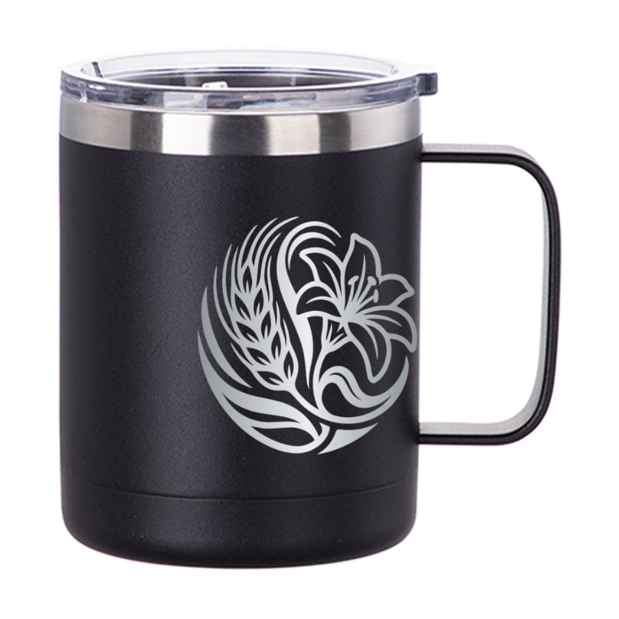 Engraved black coffee mug with a logo