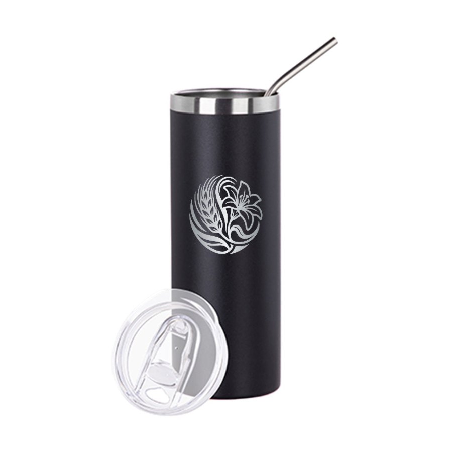 Engraved black tumbler with the Grey Barn logo