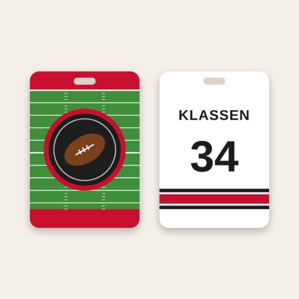 Football bag tag Football bag tag, team logo on a football field and name and number on the back