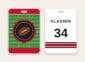 Football bag tag, team logo on a football field and name and number on the back