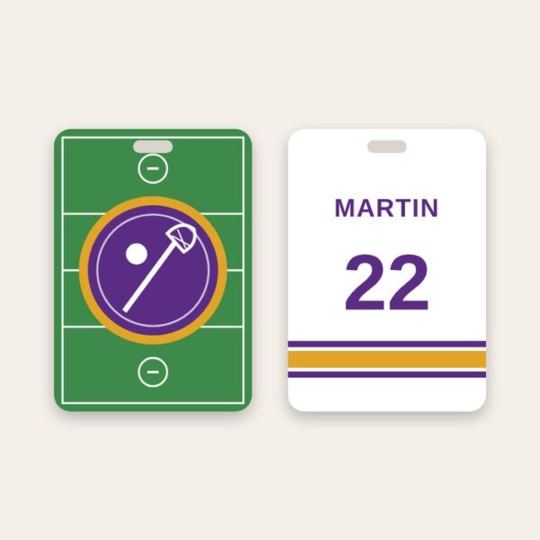 Lacrosse bag tag Lacrosse bag tag, team logo on a lacrosse field and name and number on the back