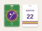 Lacrosse bag tag, team logo on a lacrosse field and name and number on the back