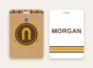 Rodeo bag tag, team logo on a rodeo arena and name on the back