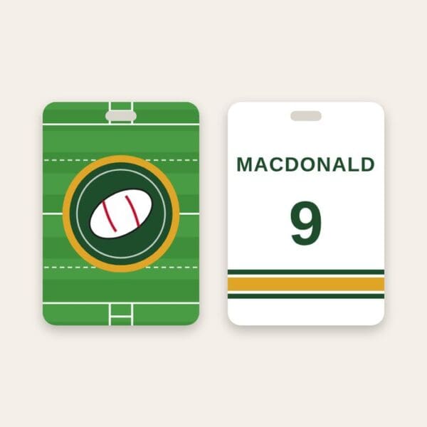 Rugby bag tag Rugby bag tag, team logo on a rugby pitch and name and number on the back