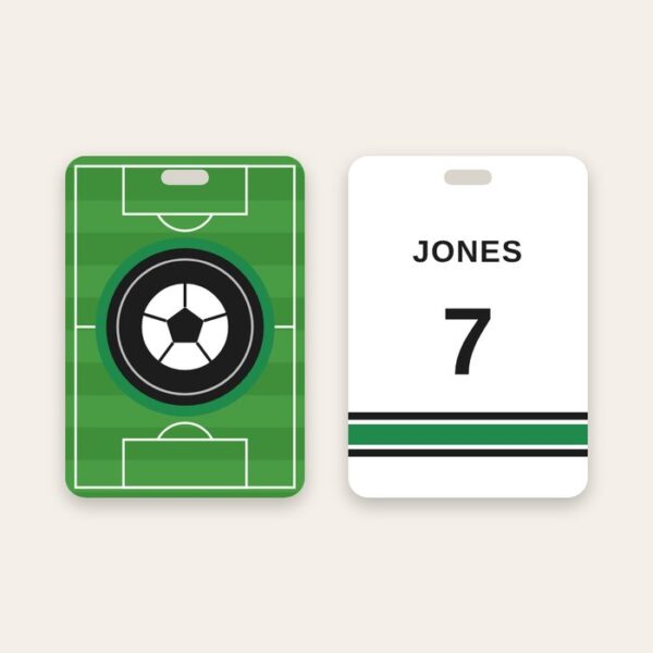 Soccer bag tag Soccer bag tag, team logo on a soccer field and name and number on the back