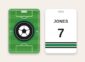 Soccer bag tag, team logo on a soccer field and name and number on the back