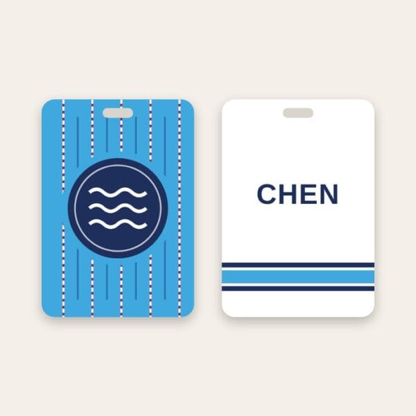Swimming bag tag Swimming bag tag, team logo on a pool and name on the back