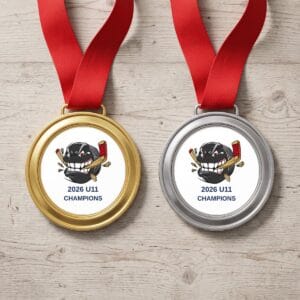 Gold and silver team medals on red ribbons with a hockey puck team logo and 2026 U11 Champions