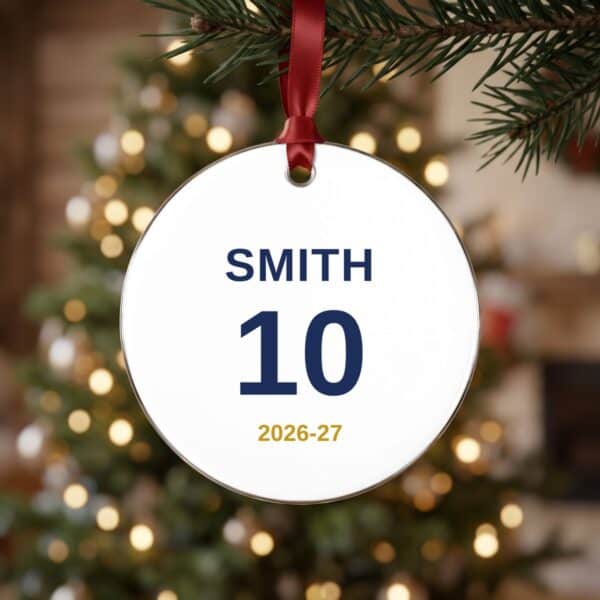 Back of the round team ornament with the player name Back of the round team ornament with the player name, number and season