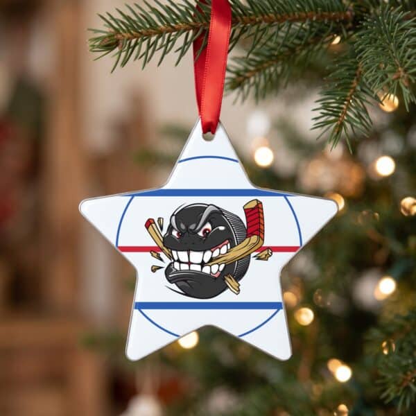 Star team ornament on a Christmas tree Star team ornament on a Christmas tree, hockey puck team logo on an ice rink design