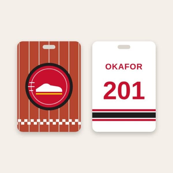 Track and field bag tag Track and field bag tag, team logo on a running track and name and number on the back