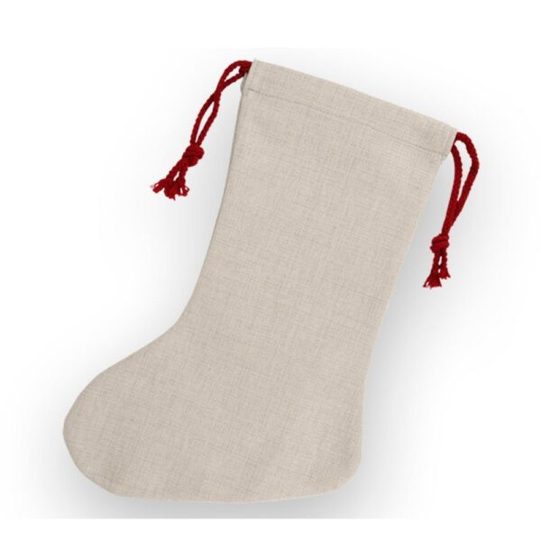 Blank poly-linen Christmas stocking on a white background, used to preview your design in the Grey Barn Handwerk Design Gallery