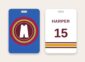 Wrestling bag tag, team logo on a wrestling mat and name and number on the back