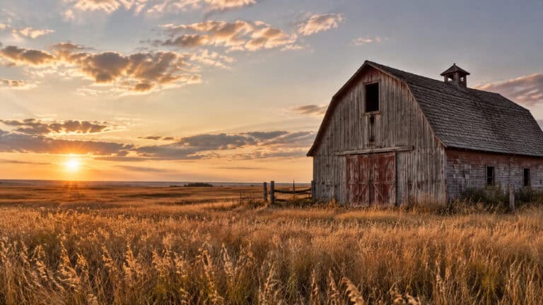 A weathered 100-year-old grey wooden barn on the Saskatchewan prairie at golden hour