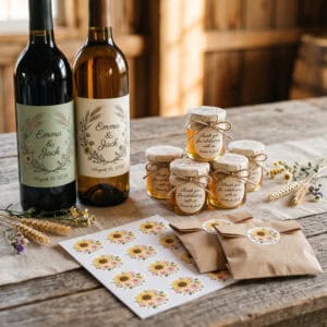Custom wedding stickers, favour labels and wine bottle labels, made in Saskatchewan