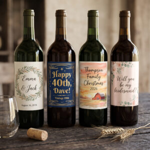 Custom wine bottle labels for a wedding, a 40th birthday, a family Christmas and a bridesmaid proposal
