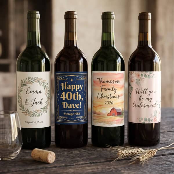 Custom Wine Bottle Labels Custom wine bottle labels for a wedding, a 40th birthday, a family Christmas and a bridesmaid proposal
