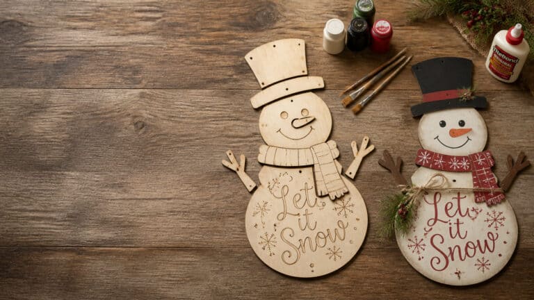 An unpainted laser cut kit with paints and brushes beside the same sign painted and ready to gift