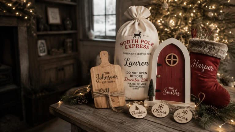 Personalized Christmas gifts including wooden ornaments, a door sign, a stocking and a cutting board by a Christmas tree