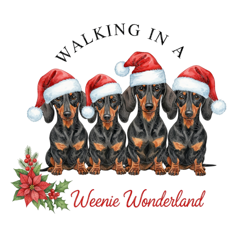 Dachshund christmas design four wiener dogs in Santa hats with poinsettia holiday art Grey Barn Handwerk, Saskatchewan.