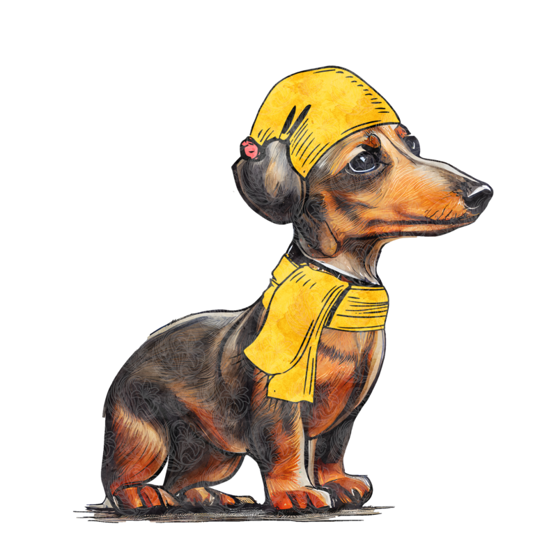Dachshund hat and scarf illustration showing a dapper wiener dog in yellow winter accessories, Grey Barn Handwerk, Saskatchewan.