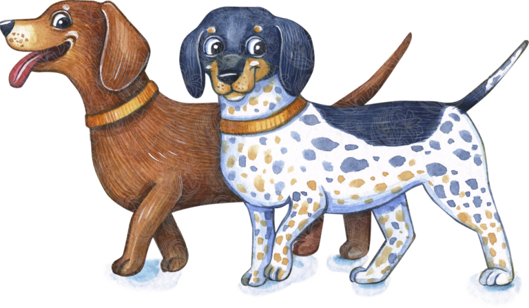 Dachshund dogs illustrated as a cheerful brown and spotted pair walking together, Grey Barn Handwerk, Saskatchewan.