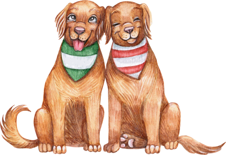 golden retriever dogs sitting side by side wearing festive bandanas, illustrated in watercolour, Grey Barn Handwerk, Saskatchewan.