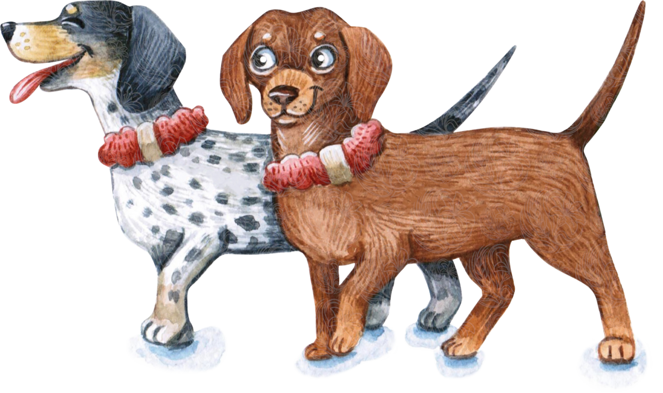 dachshund dogs illustrated in spotted and brown coats sharing a red knit scarf, Grey Barn Handwerk, Saskatchewan.