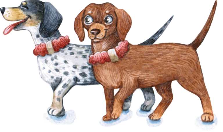 dachshund dogs illustrated in spotted and brown coats sharing a red knit scarf, Grey Barn Handwerk, Saskatchewan.