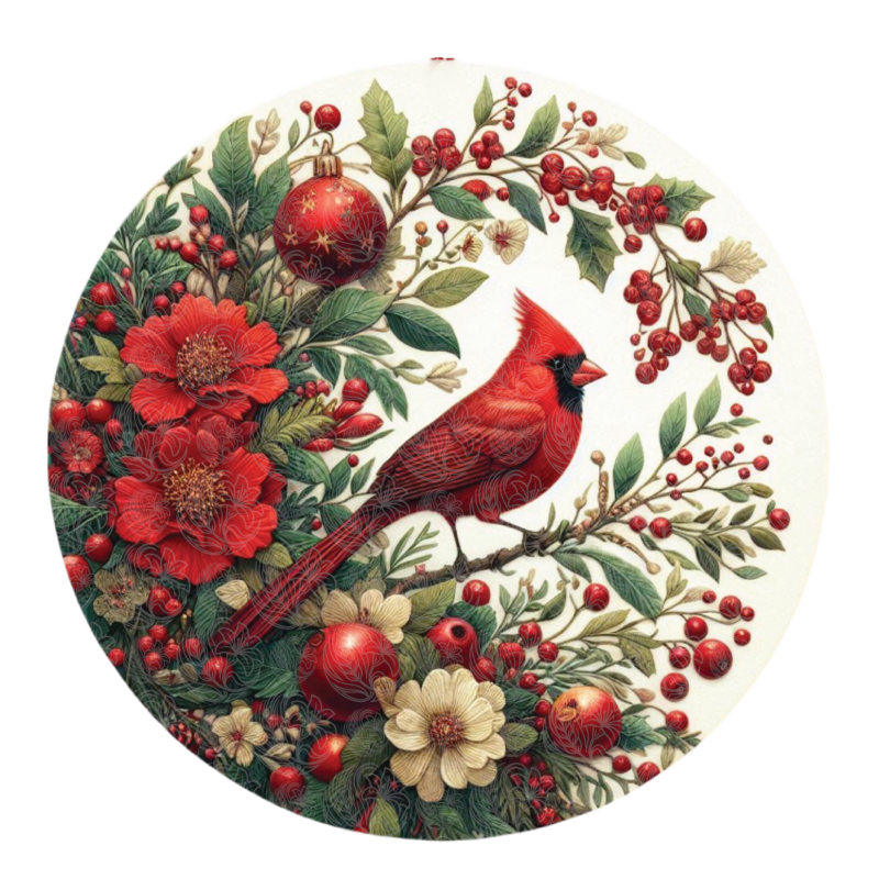Christmas cardinal perched on branch with holly berries red flowers and ornaments Grey Barn Handwerk Saskatchewan