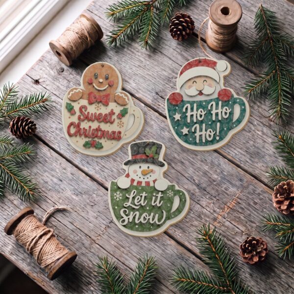 Christmas Mug Ornament Set laid out on the table Christmas Mug Ornament Set laid out on the table