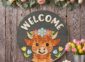 Sping Welcome Highland Cow and Flowers Sign on the wall