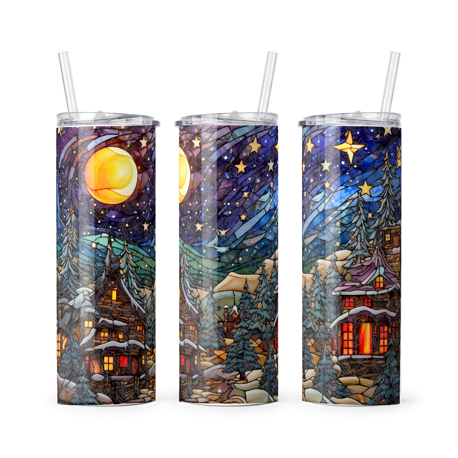 Stained glass winter scene tumbler showing snowy cabins moon stars and pine trees, Grey Barn Handwerk, Saskatchewan.