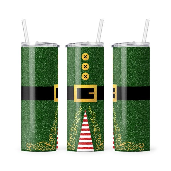 Green Glitter Elf Tumbler green glitter elf tumbler showing gold buckle belt three buttons and striped elf shoes Grey Barn Handwerk Saskatchewan