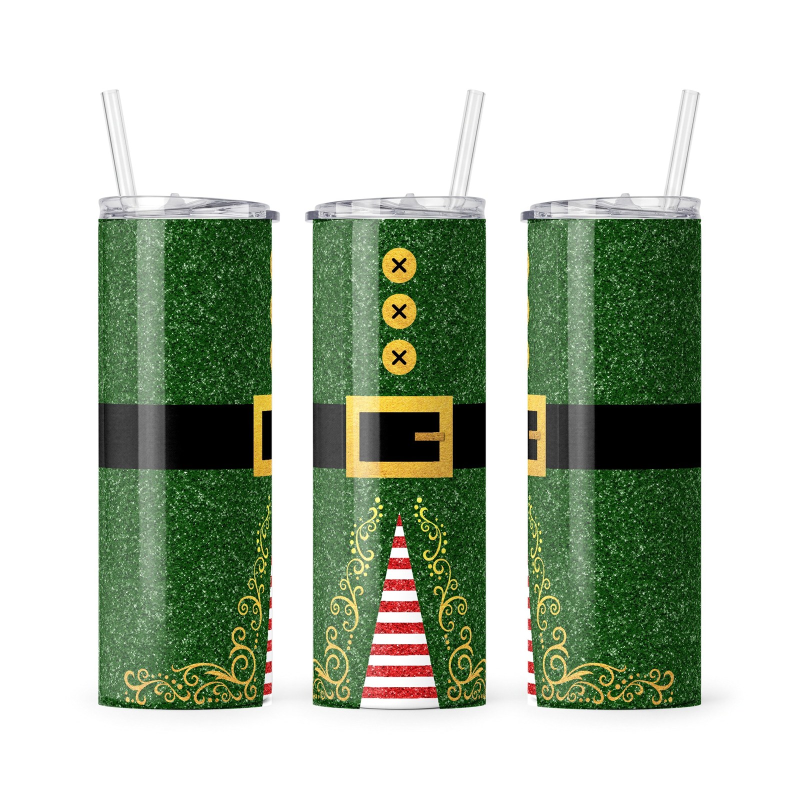 green glitter elf tumbler showing gold buckle belt three buttons and striped elf shoes Grey Barn Handwerk Saskatchewan