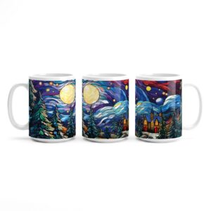 stained glass winter mug featuring swirling night sky pine trees glowing moon and church, Grey Barn Handwerk, Saskatchewan.